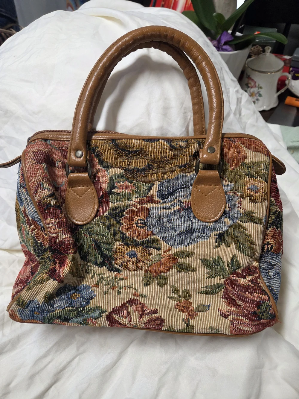 Tapestry Floral Satchel Handbag with Brown Leather Handles